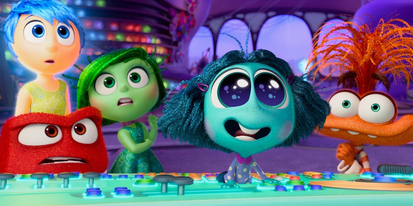 Anger, Joy, Disgust, Envy and Anxiety stand at the dashboard in Inside Out 2