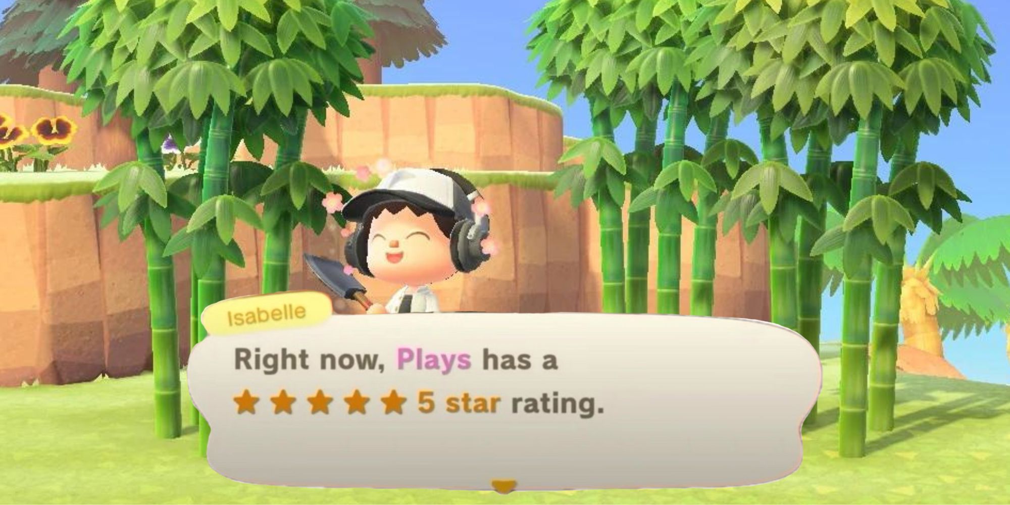 An Animal Crossing player standing near bamboo with the note that their island has achieved five stars.
