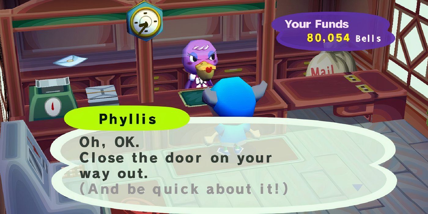 Animal Crossing Phyllis at work at the desk. 