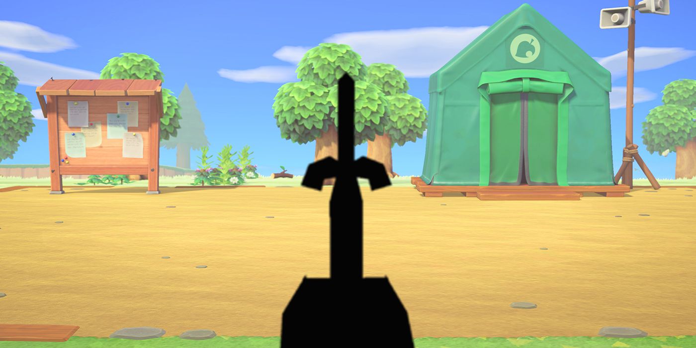A silhouette of the Master Sword from Legend of Zelda on an Animal Crossing background
