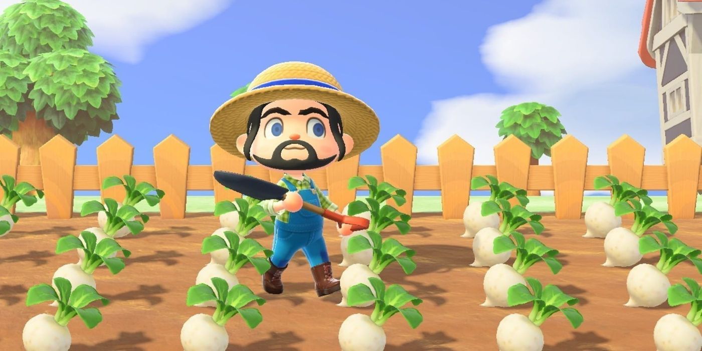 An Animal Crossing player with a shovel and hat walking amongst a field of Turnips