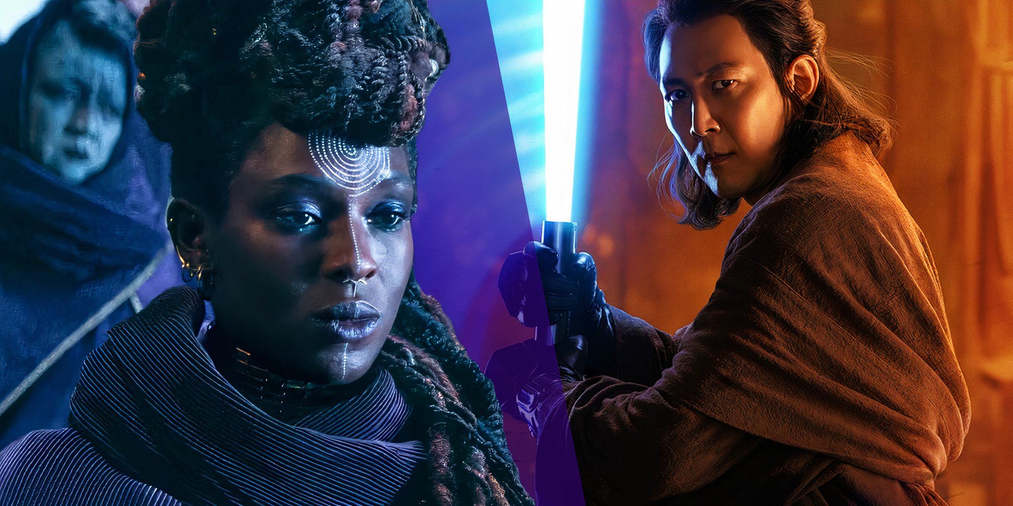 Jodie Turner-Smith as Mother Aniseya in The Acolyte (2024) next to Lee Jung-jae as Sol raising his lightsaber 