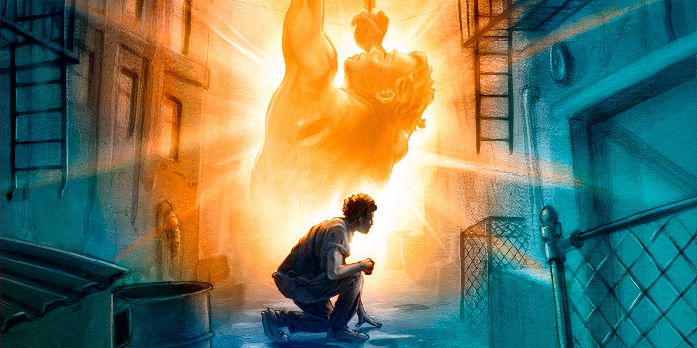 Apollo kneeling in an alleyway with a golden statue behind him on the cover of The Hidden Oracle from The Trials of Apollo.