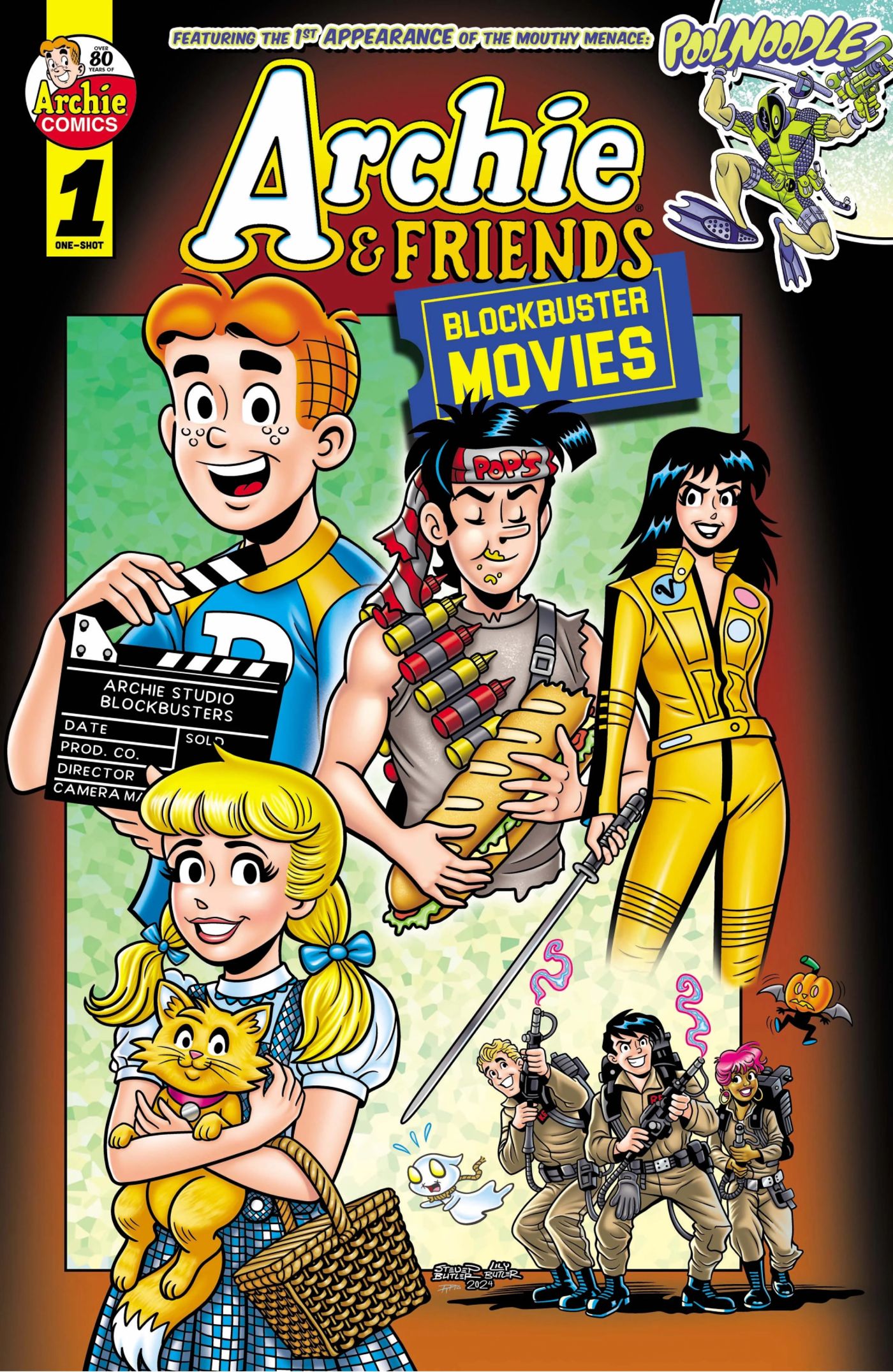 Archie and Friends: Blockbuster Movies #1 Cover Art Featuring Archie with a Clapboard, Betty as Dorothy Gale, Jughead as Rambo, Veronica as the Bride from Kill Bill and more