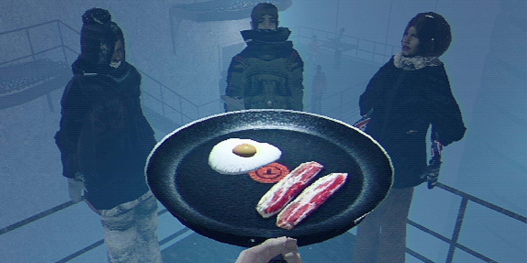 A first-person view holding a pan with two strips of bacon and an egg in front of three people in an arctic setting in Arctic Eggs.