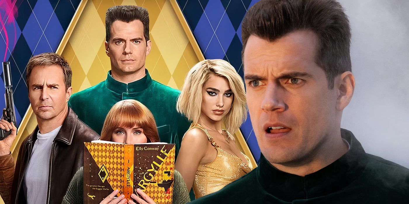 A composite image of Agent Argylle looking shocked with a cast photo from the movie Argylle