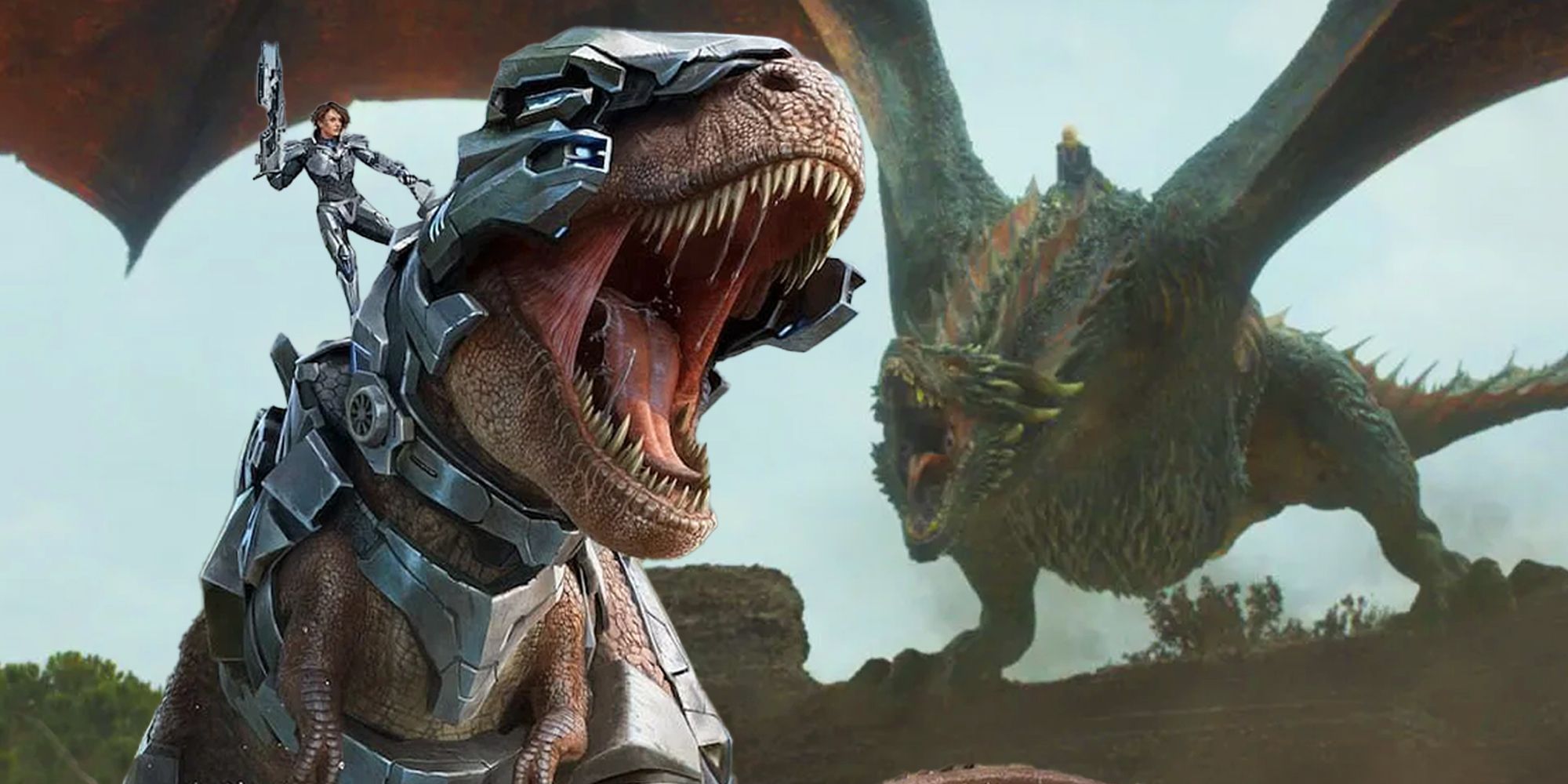 ARK x House of the Dragon - human riding an armored T-rex, with one of HOTD&rsquo;s dragons in the background