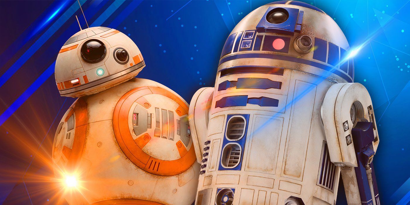 BB-8 and R2-D2 edited together, with blue and orange flares and a starry background