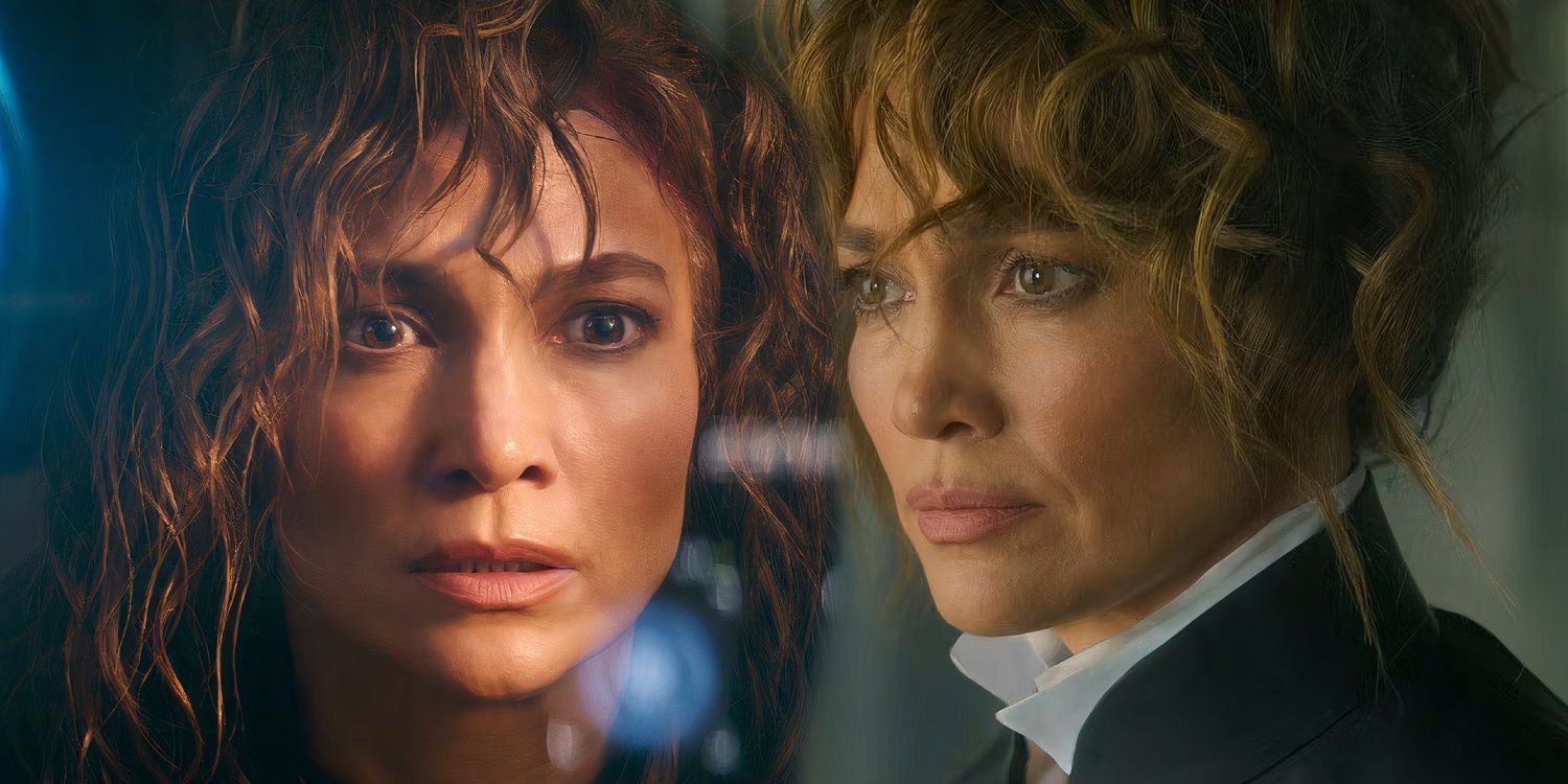 Jennifer Lopez as Atlas looking worried at a hologram next to Atlas looking concerned in Atlas