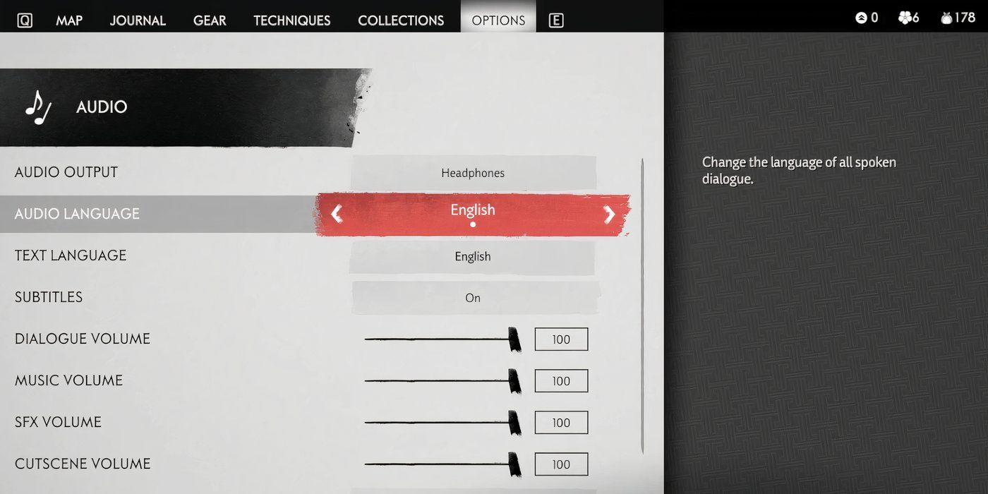 Página de configurações de áudio do Ghost of Tsushima