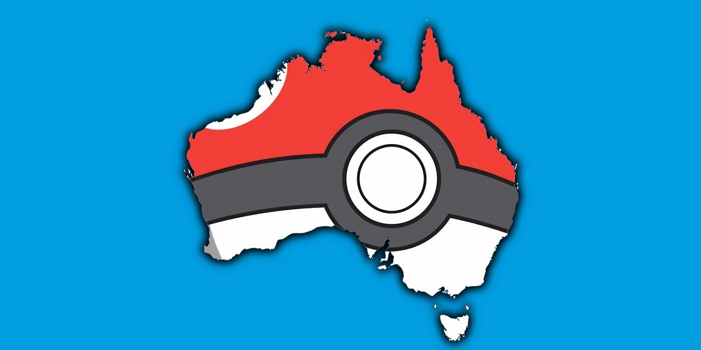 Contorno da Austrália, com a terra coberta por uma Pokébola de Pokémon.