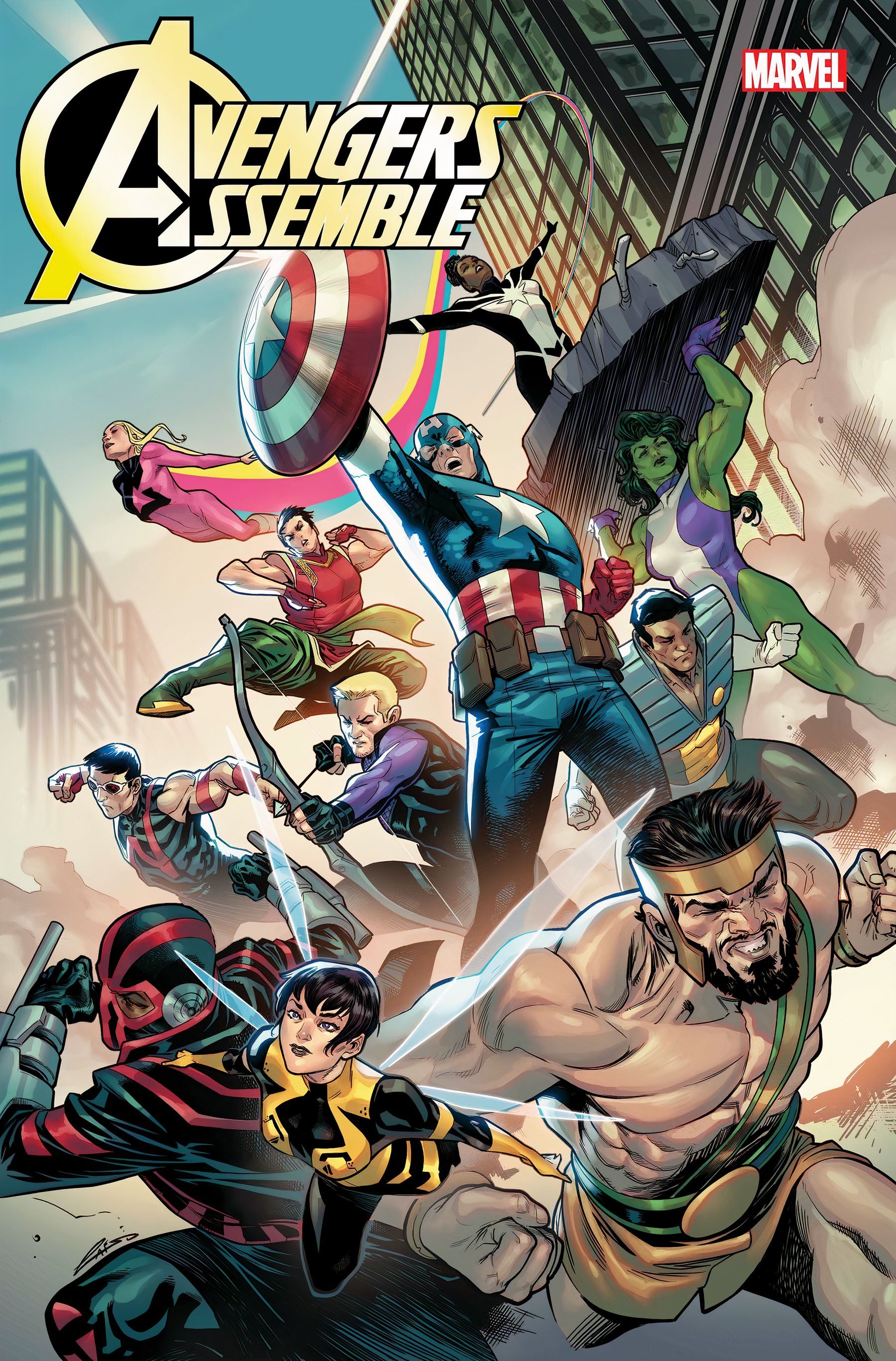 Avengers Assemble #1 es una portada variante que presenta a un nuevo equipo entrando en la refriega con el telón de fondo de la ciudad.