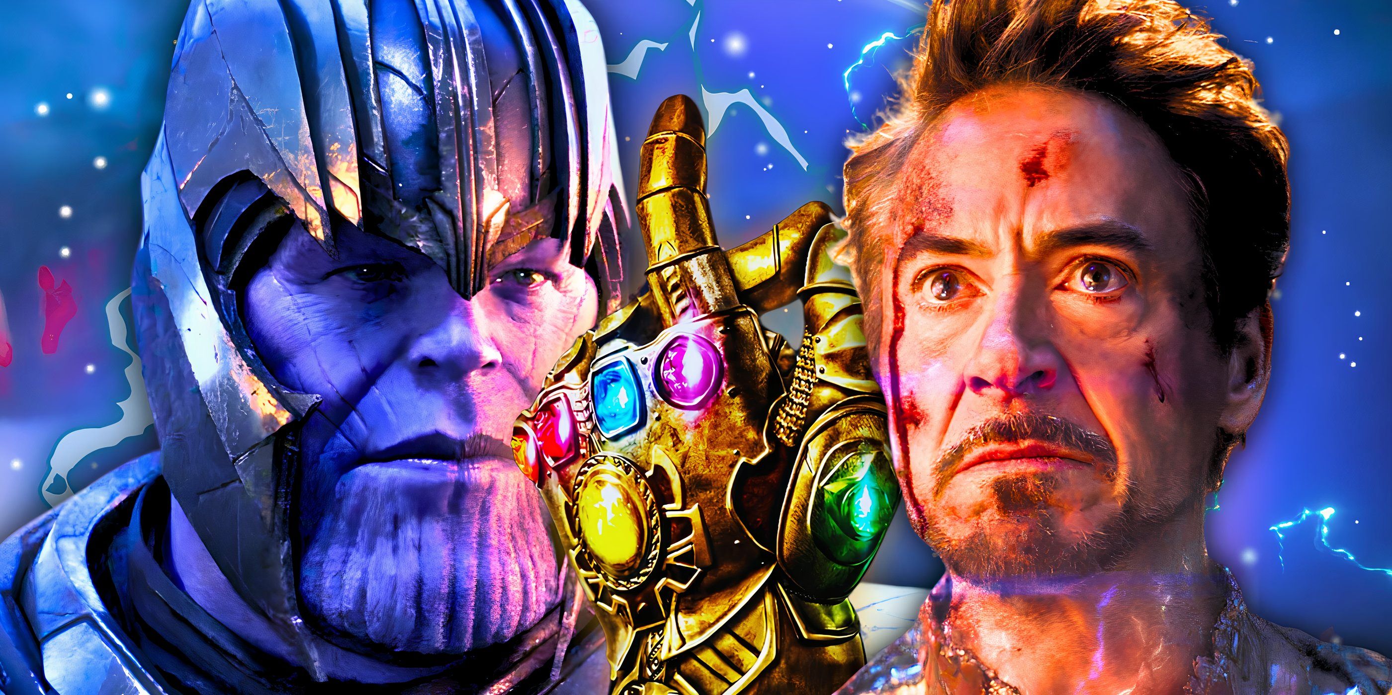 Split image of Iron Man and Thanos in Avengers: Endgame with the Infinity Gauntlet in the center
