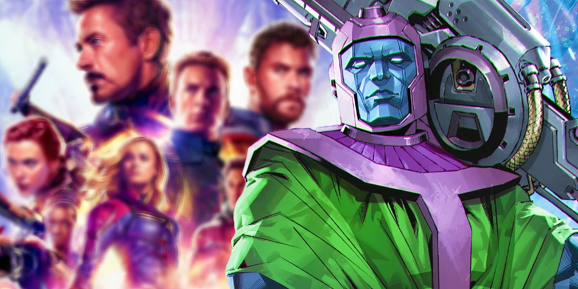 A blurred poster of Avengers: Endgame (2019) next to Kang the Conqueror from Marvel Comics