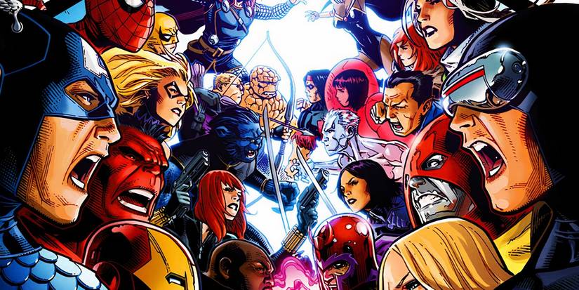 Comic book art: Avengers facing off against the X-Men in Marvel Comics' Avengers vs. X-Men
