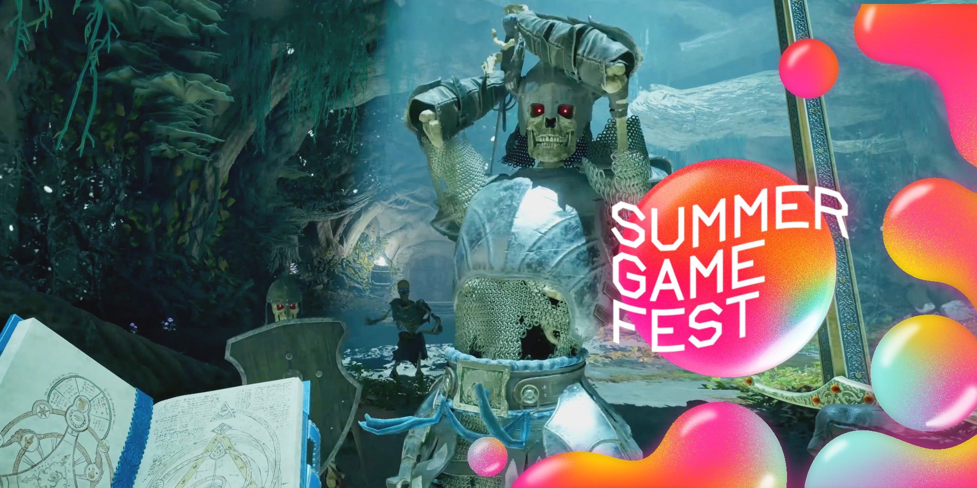 A skeleton enemy raises his sword at the player, who holds a book and sword. Summer Game Fest logo is atop the image.