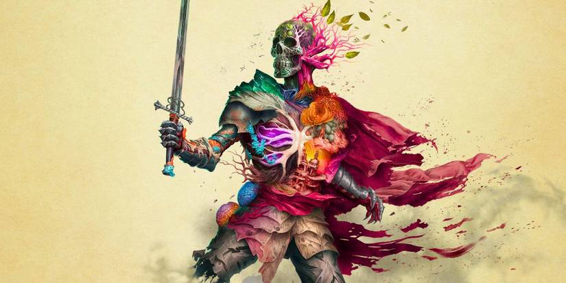 A skeleton with various splashes of color over its bones holding a sword in Avowed's key art.