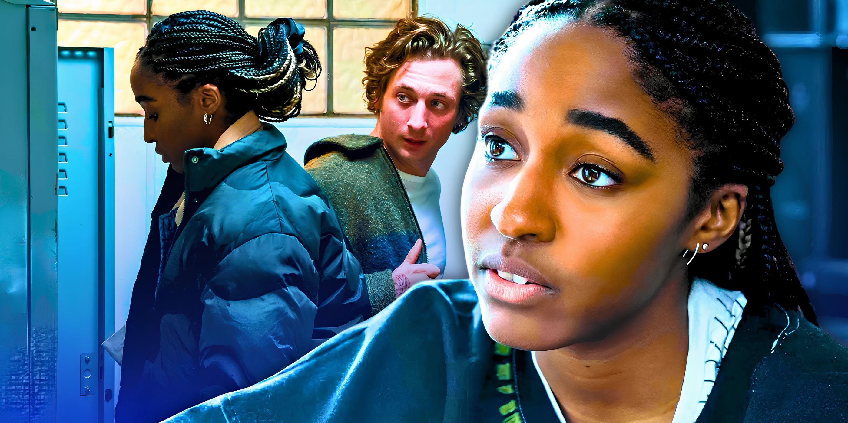 Ayo Edebiri as Sydney with Jeremy Allen White as Carmy in the background in The Bear