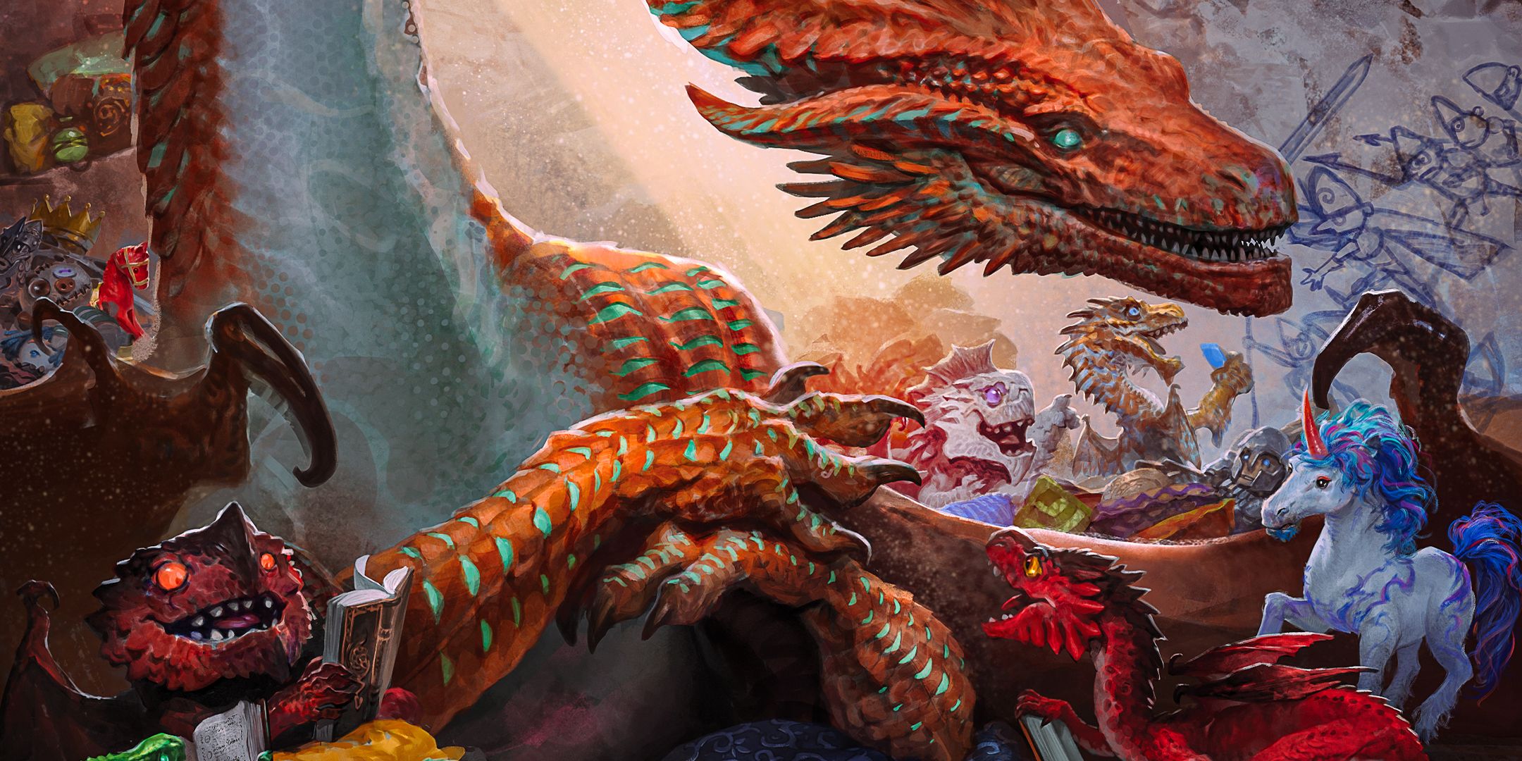 A dragon looking after a variety of baby dragons in art from the 2024 D&D Monster Manual.