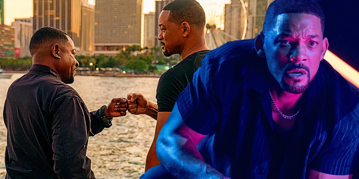 A composite image of Mike crouching and looking shocked with Mike and Marcus fist bumping in front of Biscayne Bay in Bad Boys: Ride or Die