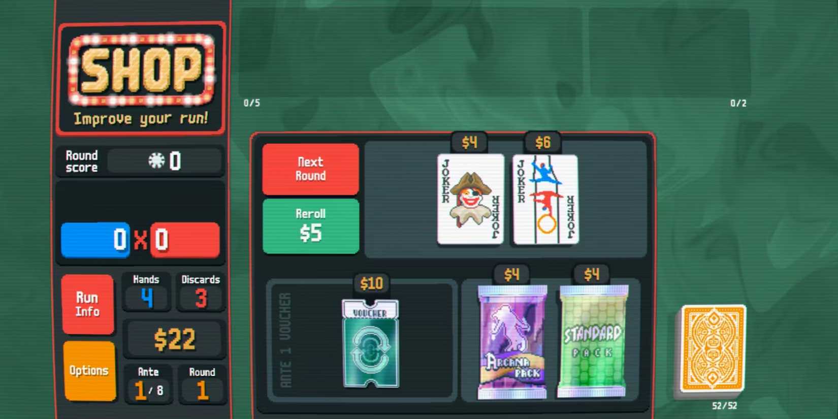 The card pack shop in Balatro and rolling for cards.