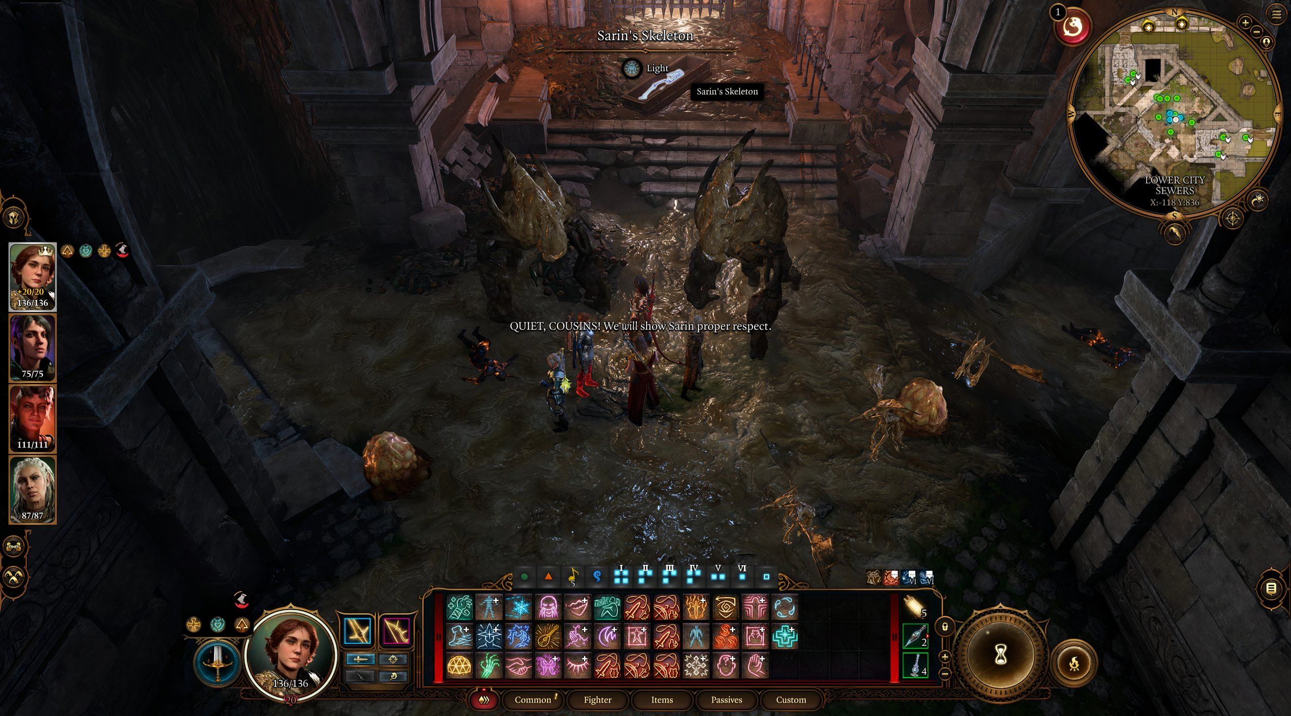 Baldur's Gate 3 Party se aproximando do esqueleto de Sarin nos esgotos da cidade baixa de Baldur's Gate