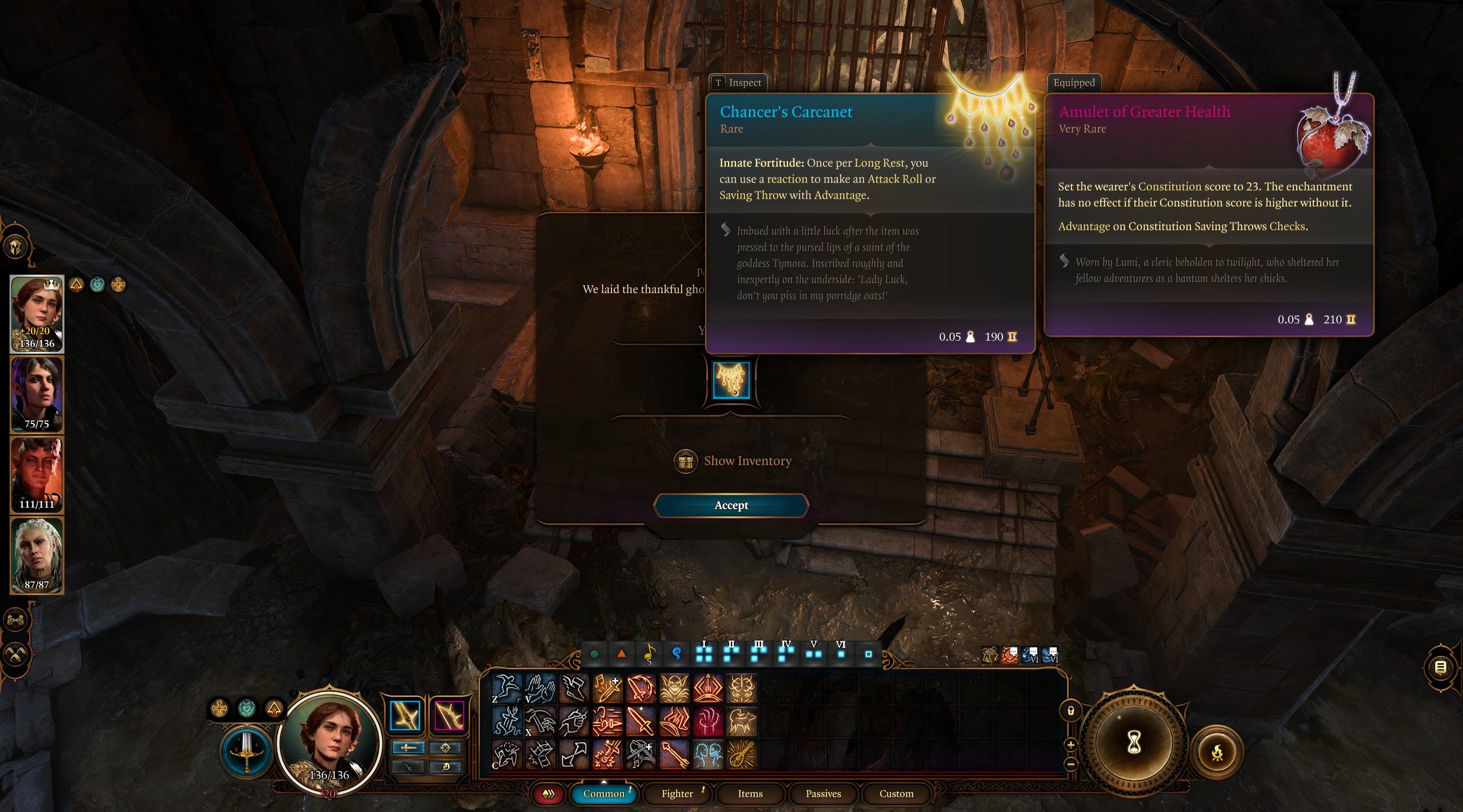 Jogador de Baldur's Gate 3 reivindicando o amuleto Carcanet do Chancer do esqueleto de Sarin nos esgotos da Cidade Baixa