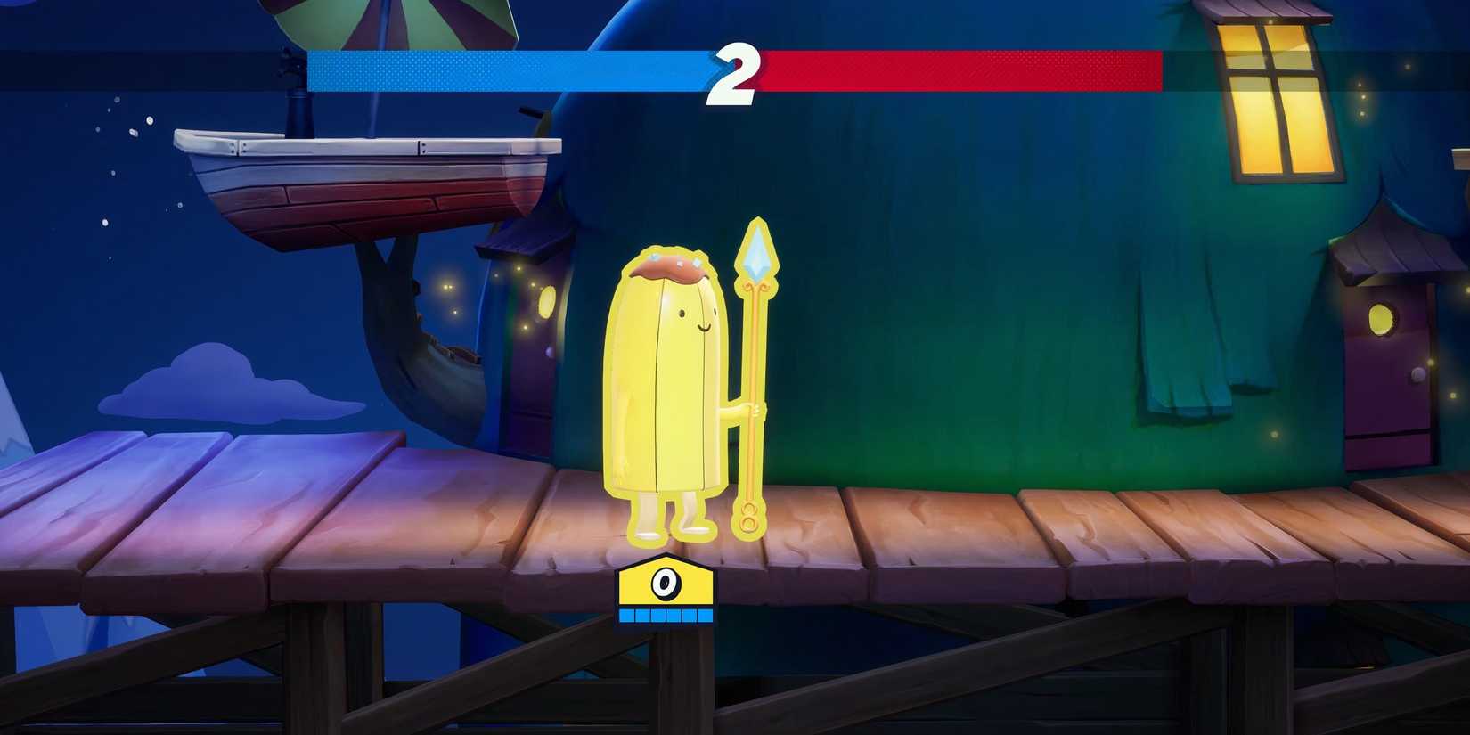 Banana Guard on the smaller nighttime Tree Fort map of MultiVersus