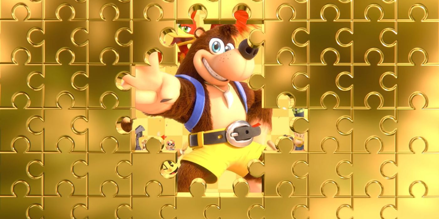 Banjo and Kazooie peering through a hole in a golden jigsaw puzzle