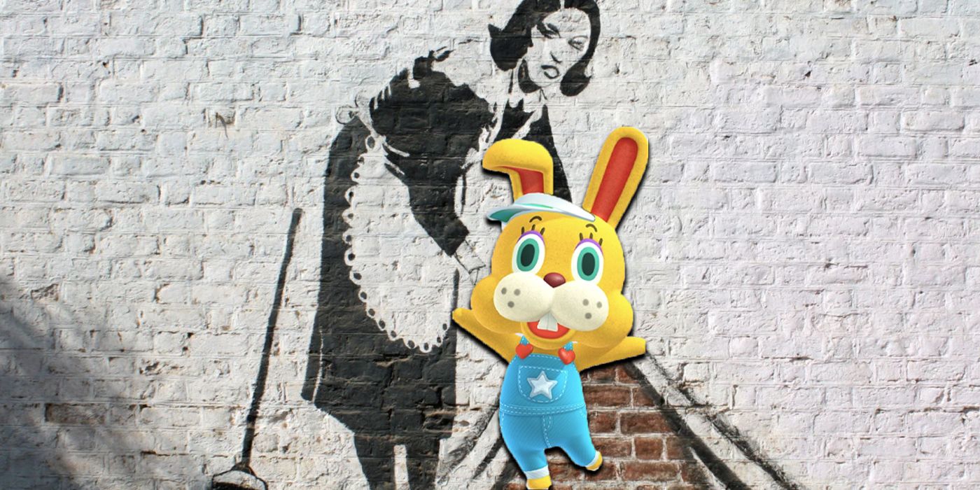 A Banksy mural with a woman sweeping and Zipper the bunny from Animal Crossing popping out of it.