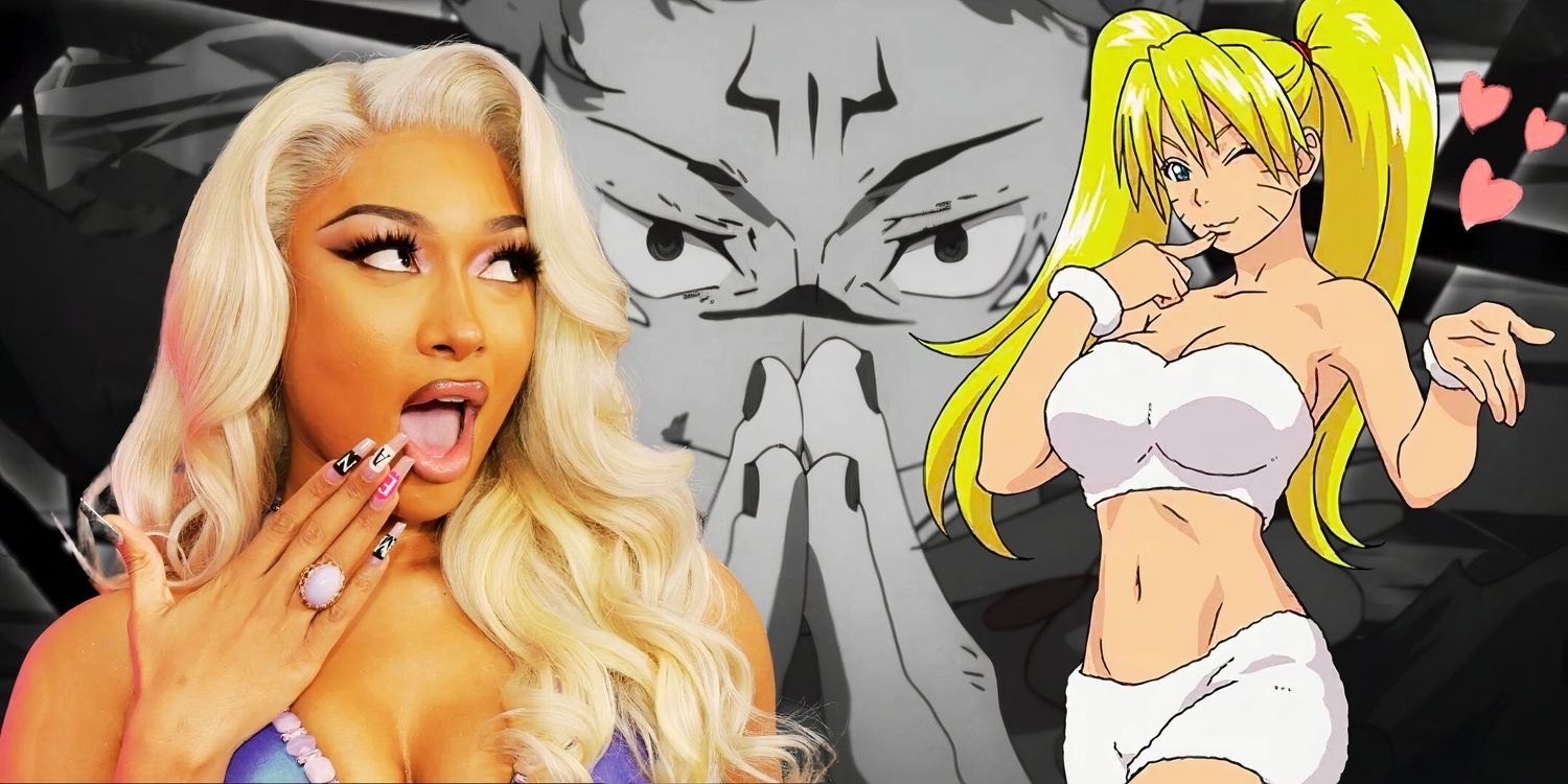 A custom image displays a black and white background of Sukuna's face (Jujutsu Kaisen), with Grammy Award winner Megan thee Stallion and Naruto's Sexy Jutsu in the foreground.