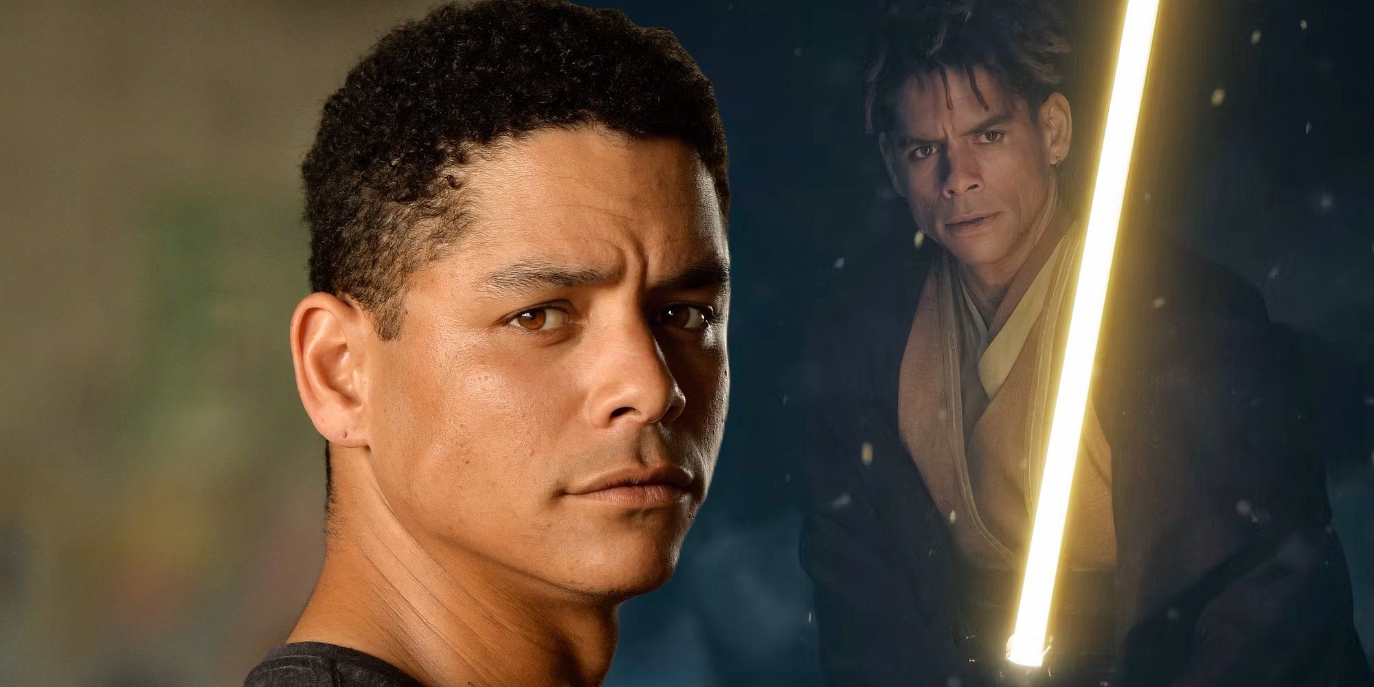 Charlie Barnett headshot next to him as Yord Fandar holding a yellow lightsaber in Star Wars: The Acoltye