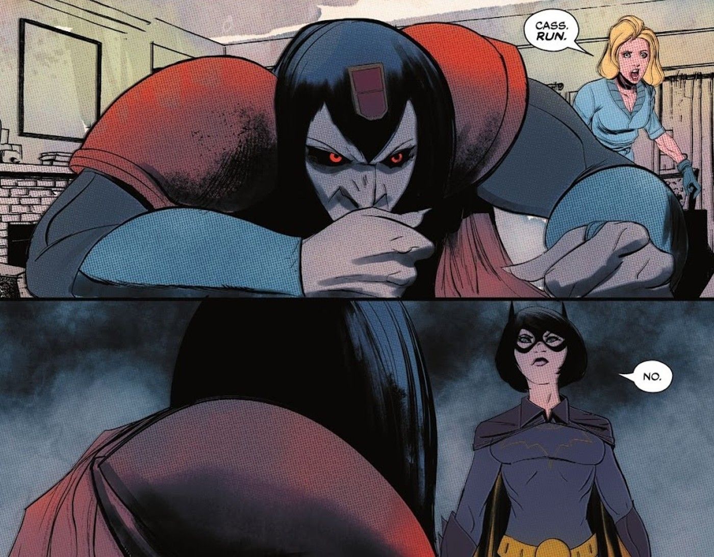 Comic book panels: Batgirl Cassandra Cain refuses to run from a possessed Big Barda.