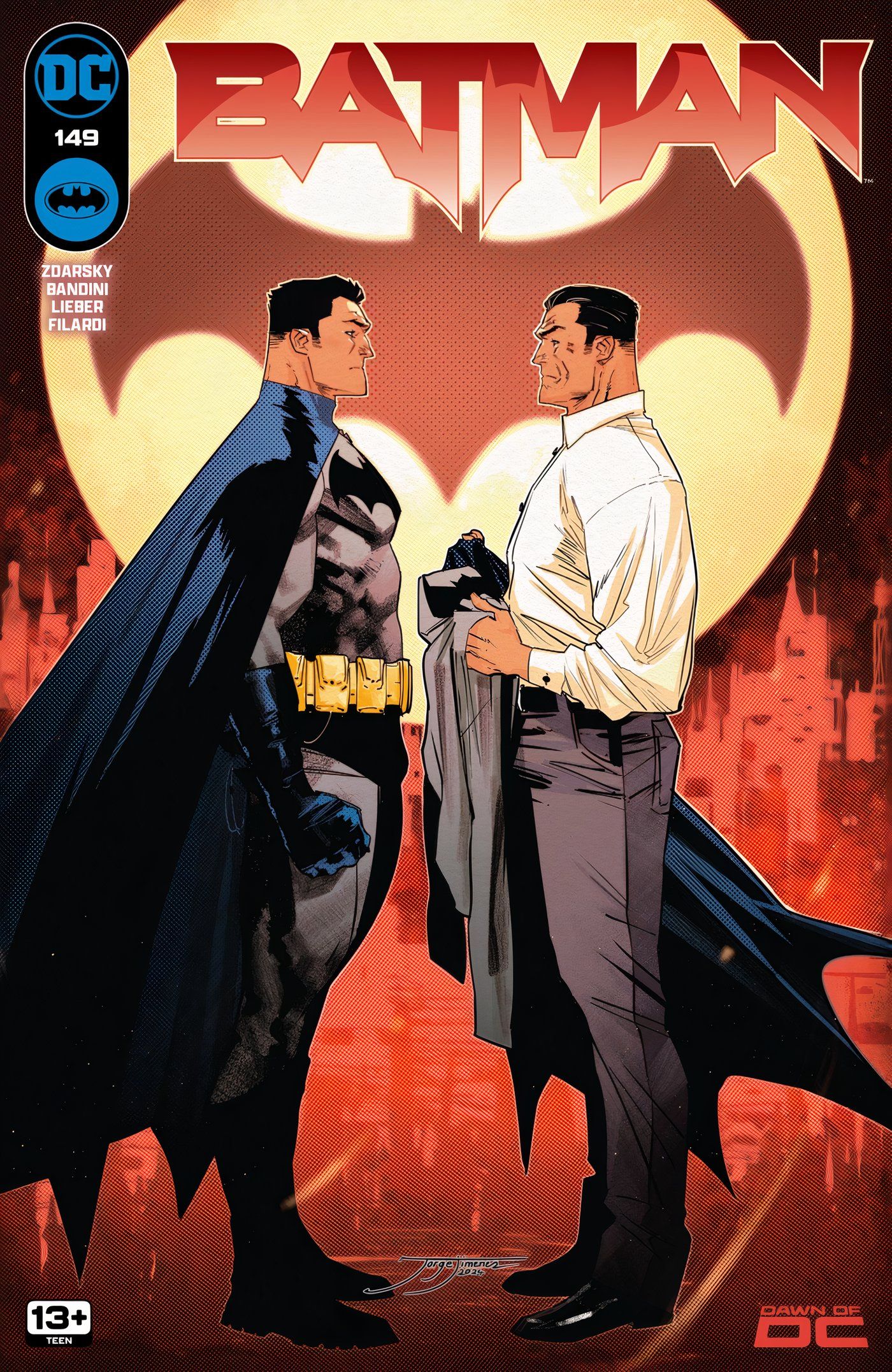 Batman 149 Main Cover: Batman facing an older looking Bruce Wayne in front of the Bat-Signal.