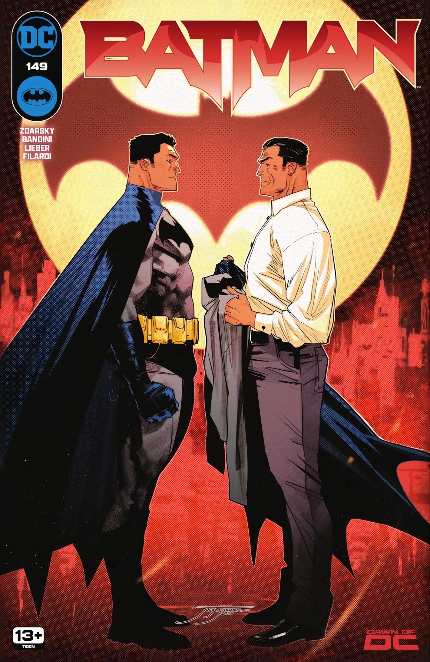 Batman #149, Batman and Bruce Wayne in civilian clothes face-to-face.