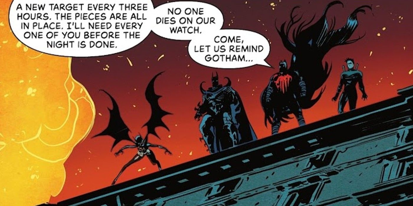 Painel de história em quadrinhos: Batgirl, Azrael, Batman e Asa Noturna em um telhado.