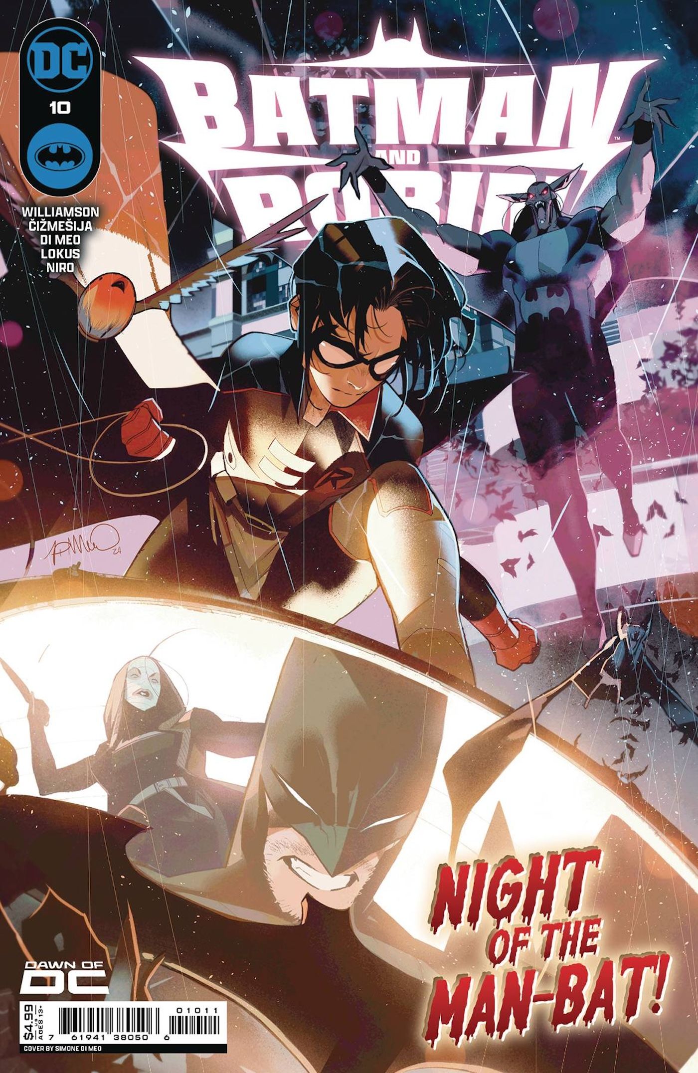 Batman and Robin 10 Main Cover: Robin sitting on the Bat-Signal, which reflects Batman, and Man-Bat behind him.
