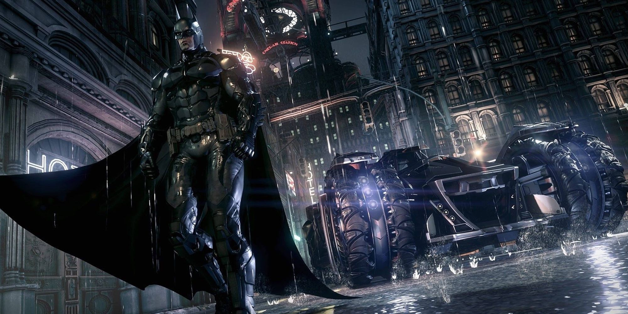 Batman ao lado do Batmóvel em uma noite chuvosa em Batman: Arkham Knight.
