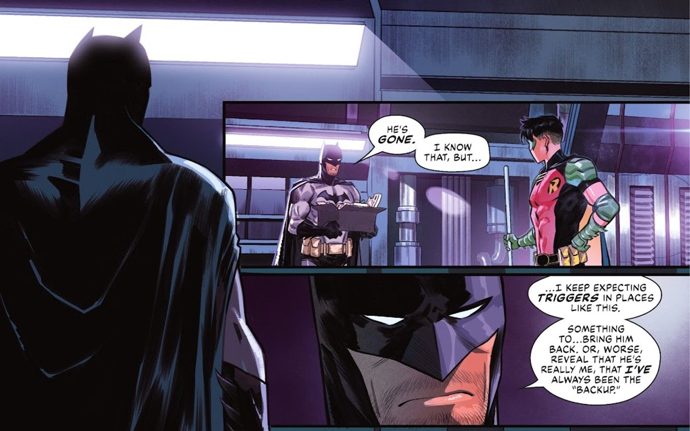 Painéis de quadrinhos: Batman confia em Robin Tim Drake.