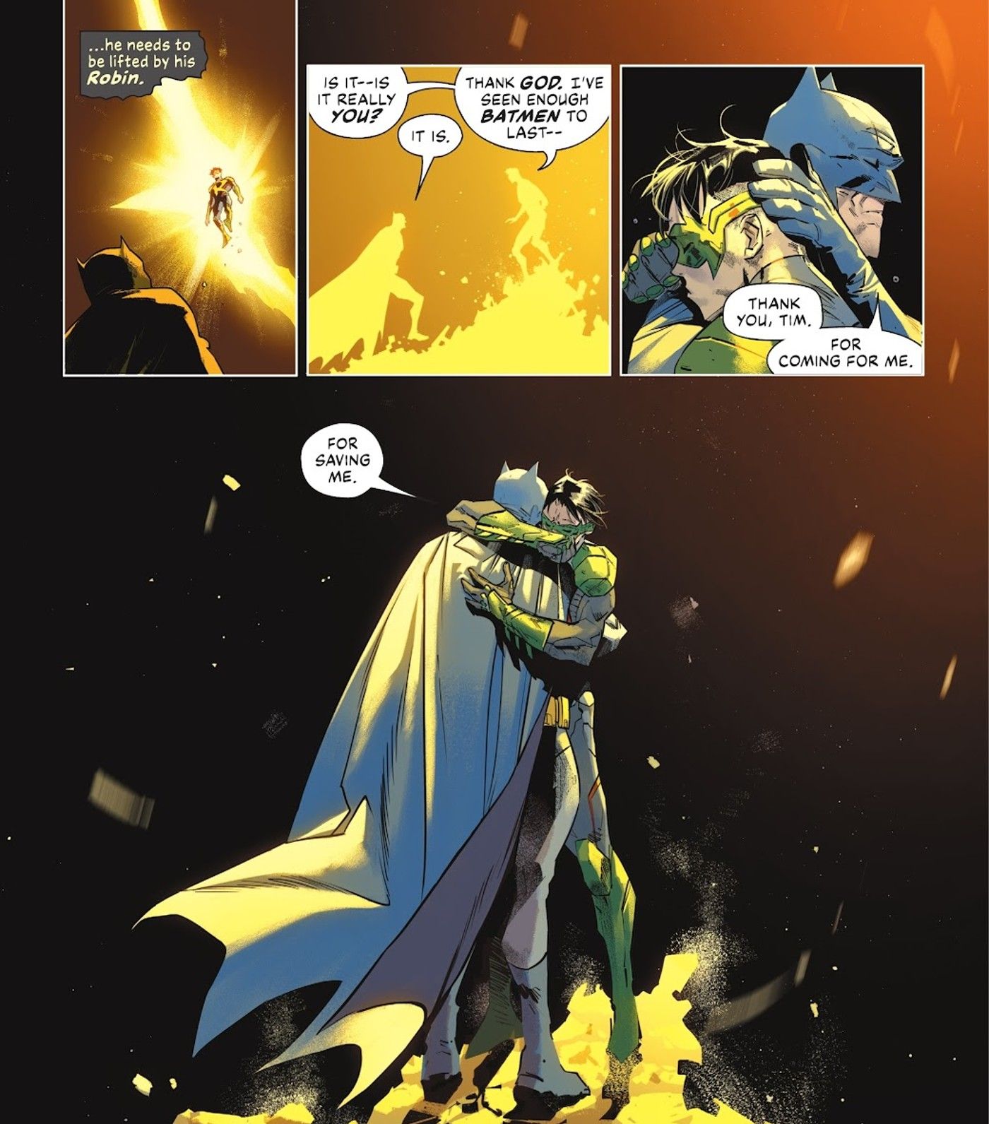 Comic book panels: Robin Tim Drake finds Batman and they hug.