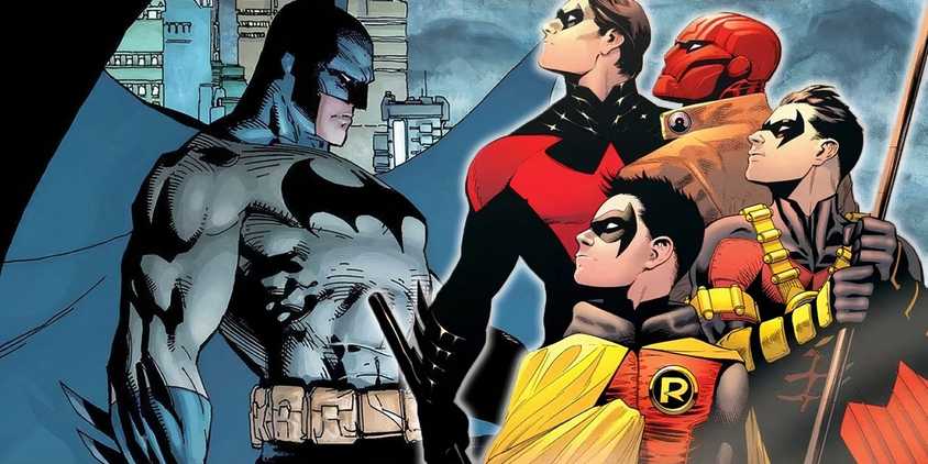 Comic book art: Batman faces the four Robins: Nightwing Dick Grayson, Red Hood Jason Todd, Red Robin Tim Drake, and Robin Damian Wayne.
