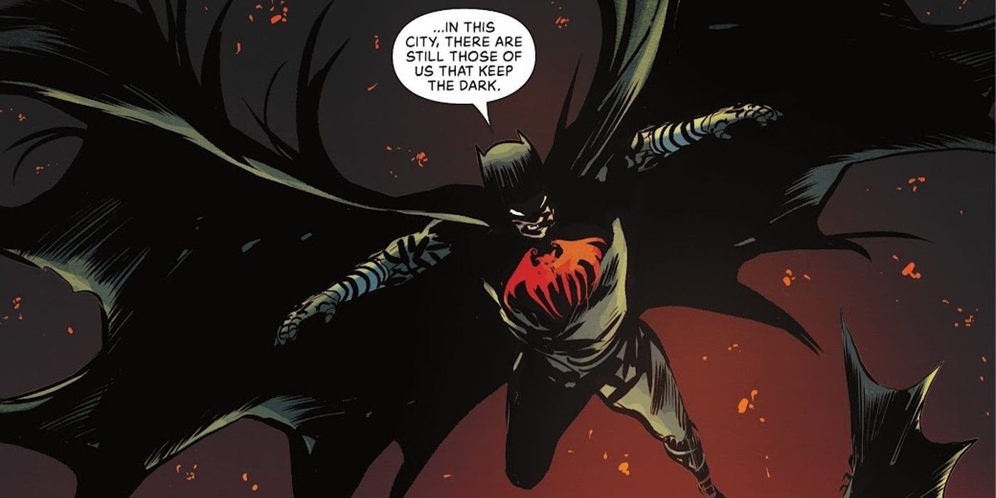 Comic book panel: Batman with a red symbol leaps forward.
