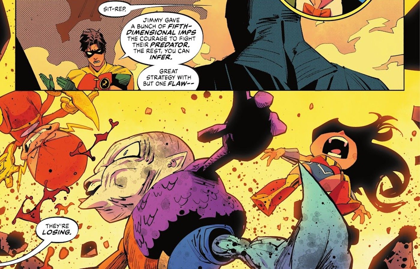 Painéis de histórias em quadrinhos: Robin diz ao Batman que a Liga da Justiça Diabinha está perdendo, incluindo as versões diabinhas do Flash, Metamorfo e Mulher-Maravilha.