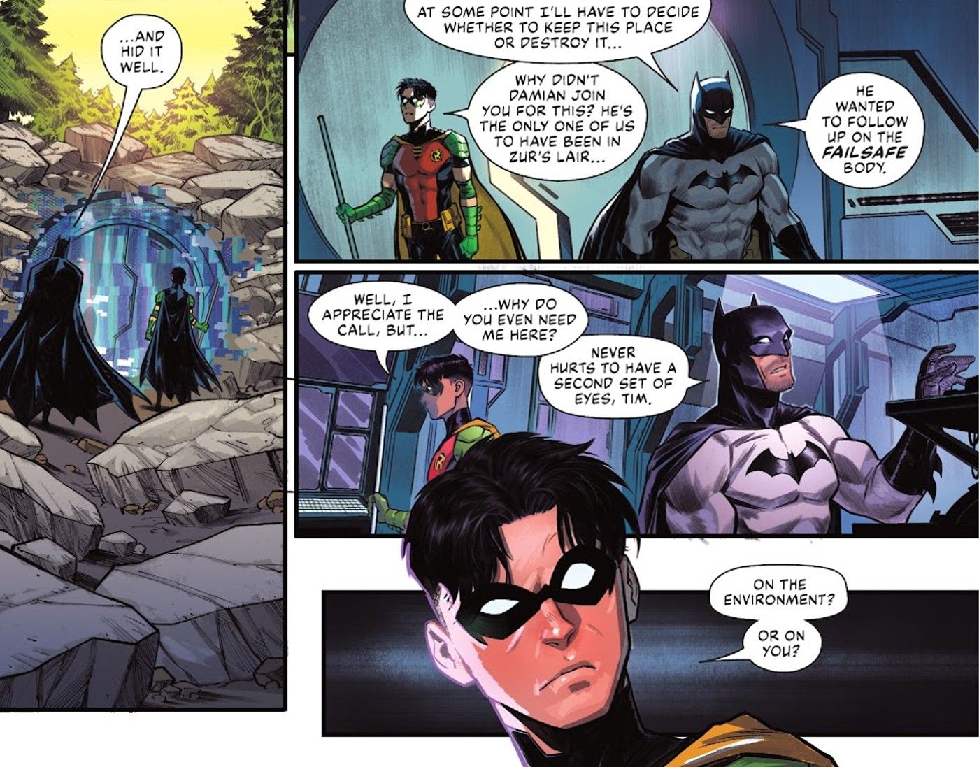 Painéis de quadrinhos: Batman traz Robin Tim Drake para uma caverna de alta tecnologia.