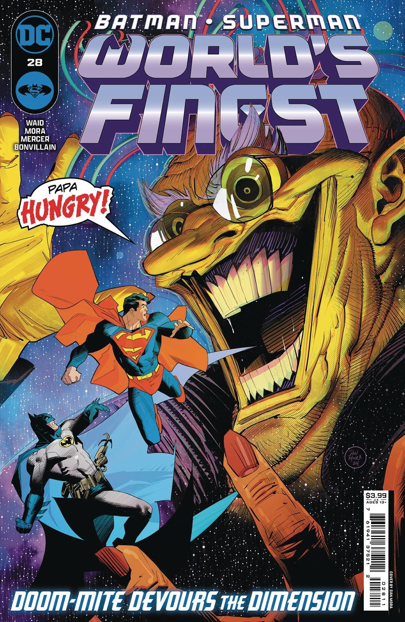 Batman Superman World's Finest 28 Main Cover: Batman and Superman face a large yellow villain, Doom-Mite.