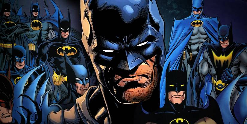 Comic book art: Batman Surrounded by Dark Knight Variants in DC Comics Art