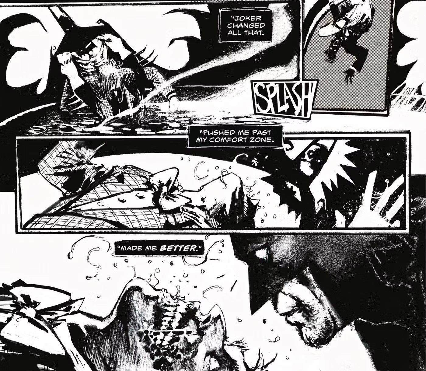 Painéis de quadrinhos: Batman tira o Coringa do tanque de ácido e olha para seu cadáver.