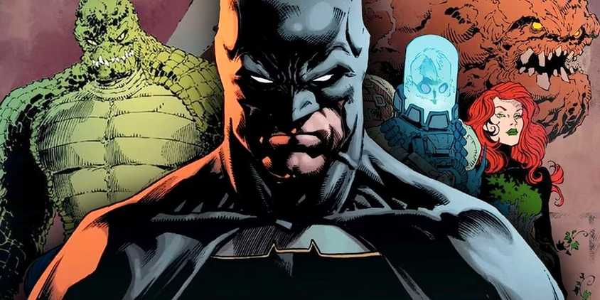 Comic book art: Batman in front of Killer Croc, Mr Freeze, Poison Ivy, and Clayface.