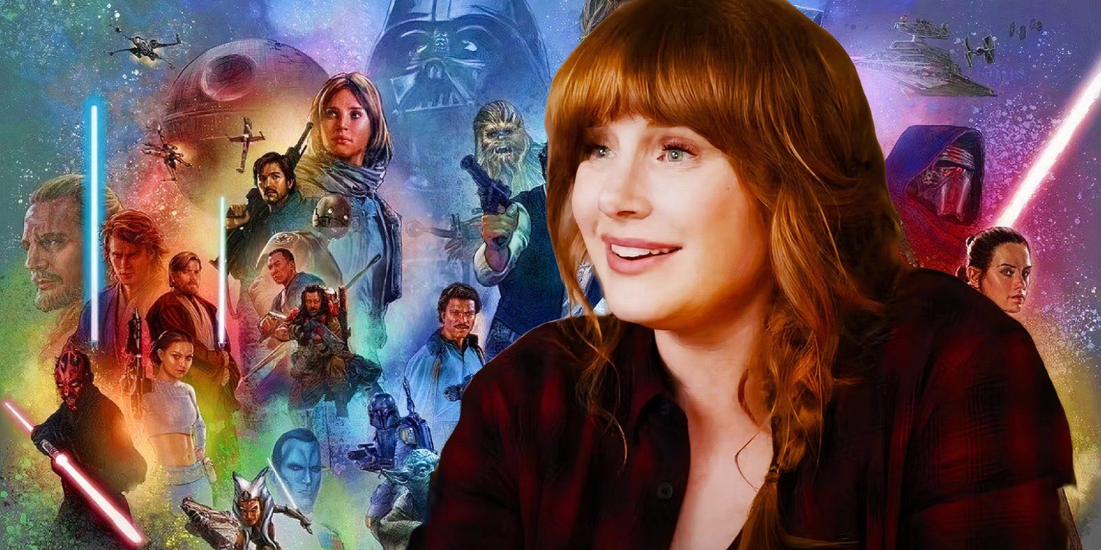 Bryce Dallas Howard in Argylle in front of a mural of the Skywalker saga of Star Wars