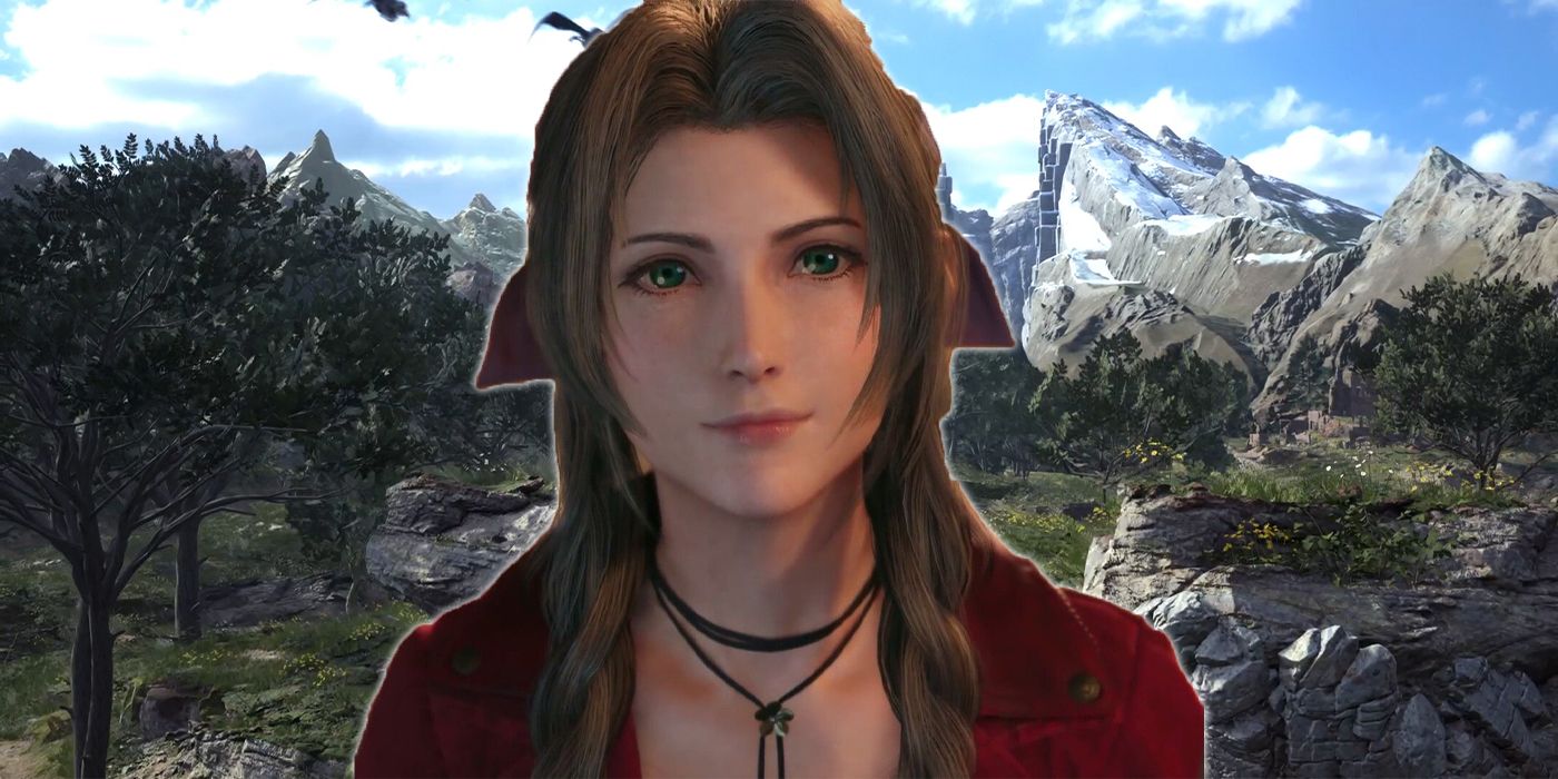 Aerith from Final Fantasy 7 Rebirth smiling slightly and looking into the camera, behind her is a forest and snowy mountains.